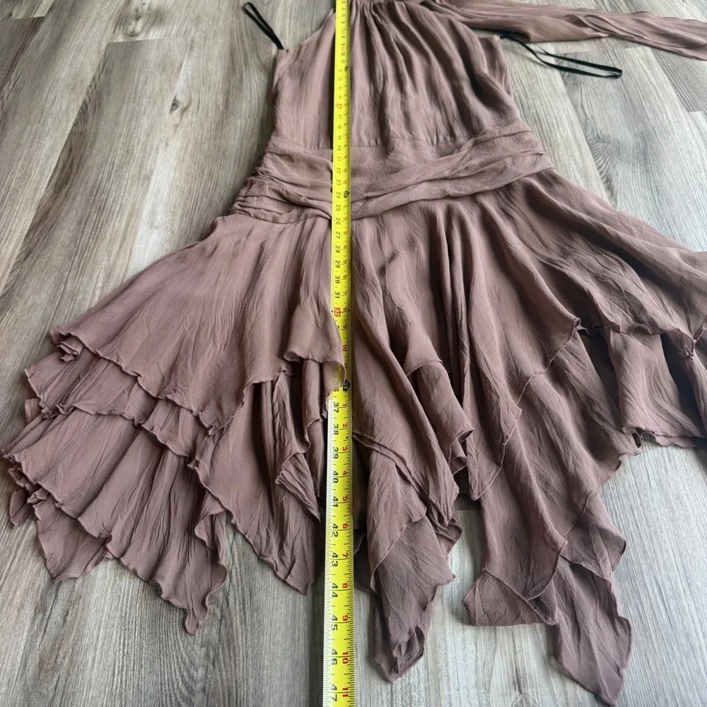 Vintage Y2K Bebe Silk Halter Handkerchief Hem Dress Brown XS Asymmetrical - Picture 12 of 15